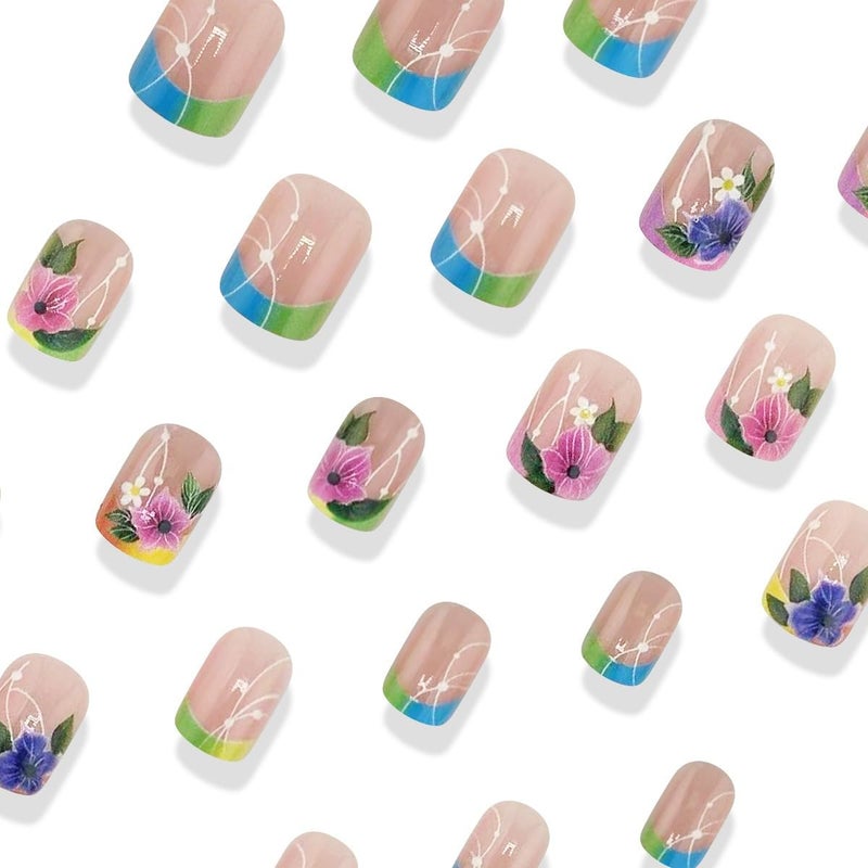 HJKDSFD Spring Press on Nails Short Square Fake Nails Colorful French Tip Acrylic Nails Press on Flower False Nails Full Cover Stick on Nails Reusable Artificial Glue on Nails for Women Girls 24Pcs - Image 3